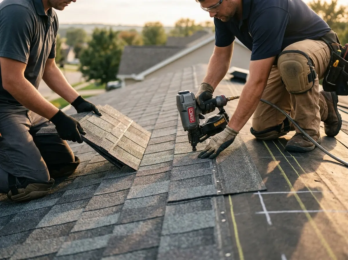 Professional roofer working on a residential roof in Queensbury